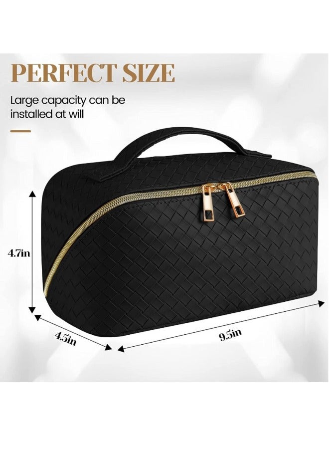 Large Capacity Travel Cosmetic Bag - Makeup Bag, PU Leather Waterproof Cosmetic Bag, Women Portable Travel Makeup Bag With Handle and Divider Flat Lay Makeup Organizer Bag - Image 3