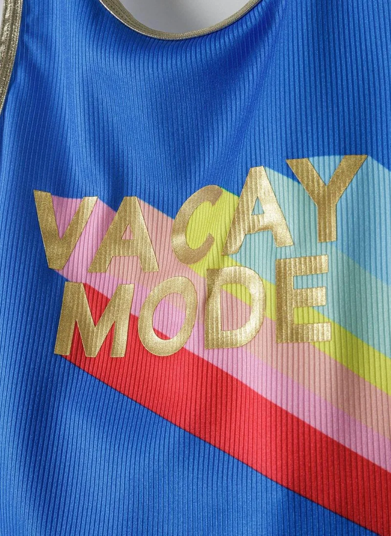 MINOTI Girls' Blue Swimsuit with “VACAY MODE” Metallic Print and Rainbow Design