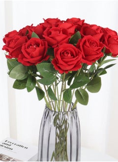 Generic 12 Pieces Red Artificial Roses Bridal Wedding Bouquet Realistic Flower Red/Green  - Image 4