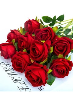 Generic 12 Pieces Red Artificial Roses Bridal Wedding Bouquet Realistic Flower Red/Green  - Image 3