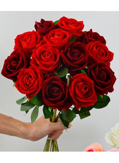 Generic 12 Pieces Red Artificial Roses Bridal Wedding Bouquet Realistic Flower Red/Green  - Image 1