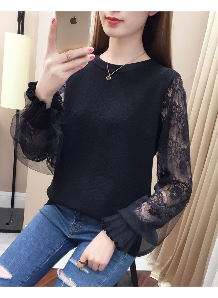 NIBEMINENT Women's Clothing Lace Splicing Hollow Out Long Sleeves Knitted Sweater for Women Spring Autumn Casual Loose Beautiful Chic Top - Image 3