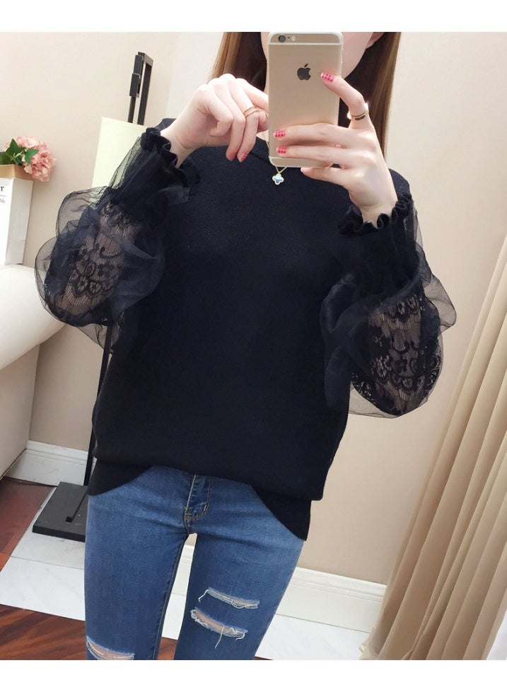 NIBEMINENT Women's Clothing Lace Splicing Hollow Out Long Sleeves Knitted Sweater for Women Spring Autumn Casual Loose Beautiful Chic Top - Image 1