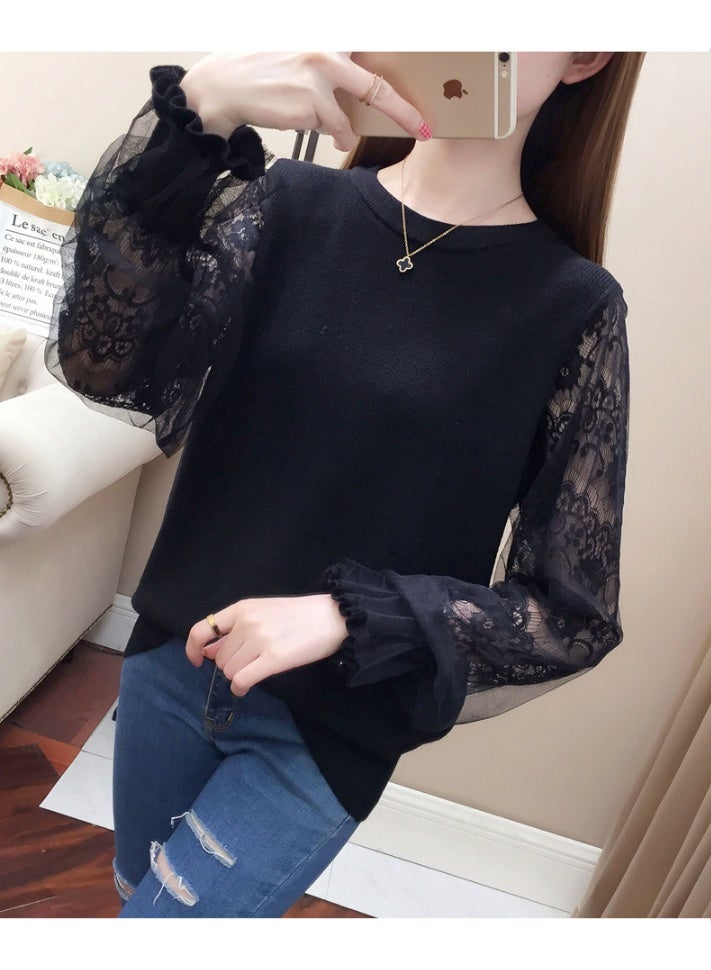 NIBEMINENT Women's Clothing Lace Splicing Hollow Out Long Sleeves Knitted Sweater for Women Spring Autumn Casual Loose Beautiful Chic Top - Image 2