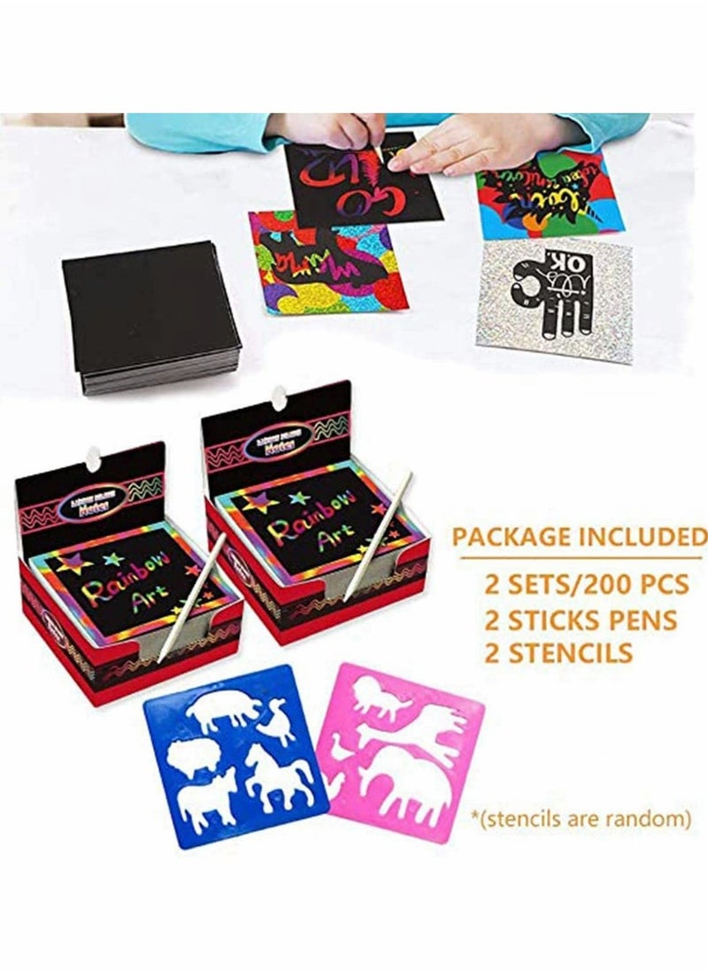 KASTWAVE - Rainbow Scratch Paper 200 Sheets Rainbow Scratch Paper Arts and Crafts for Kids Black Magic Scratch Art Notes Paper Boards Scratch with Wooden Stylus Scratchers Stencils Notepad - Image 1