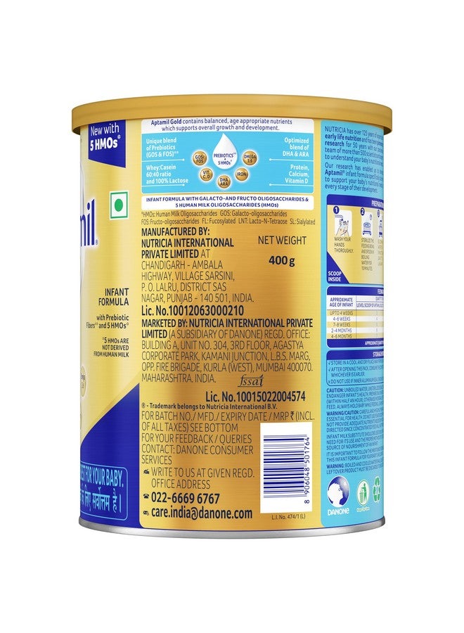 Aptamil Gold Infant Formula Milk Powder for Babies - Stage 1 (Upto 6 months) - with 5HMOs, Prebiotics and DHA - 400gms - Tin