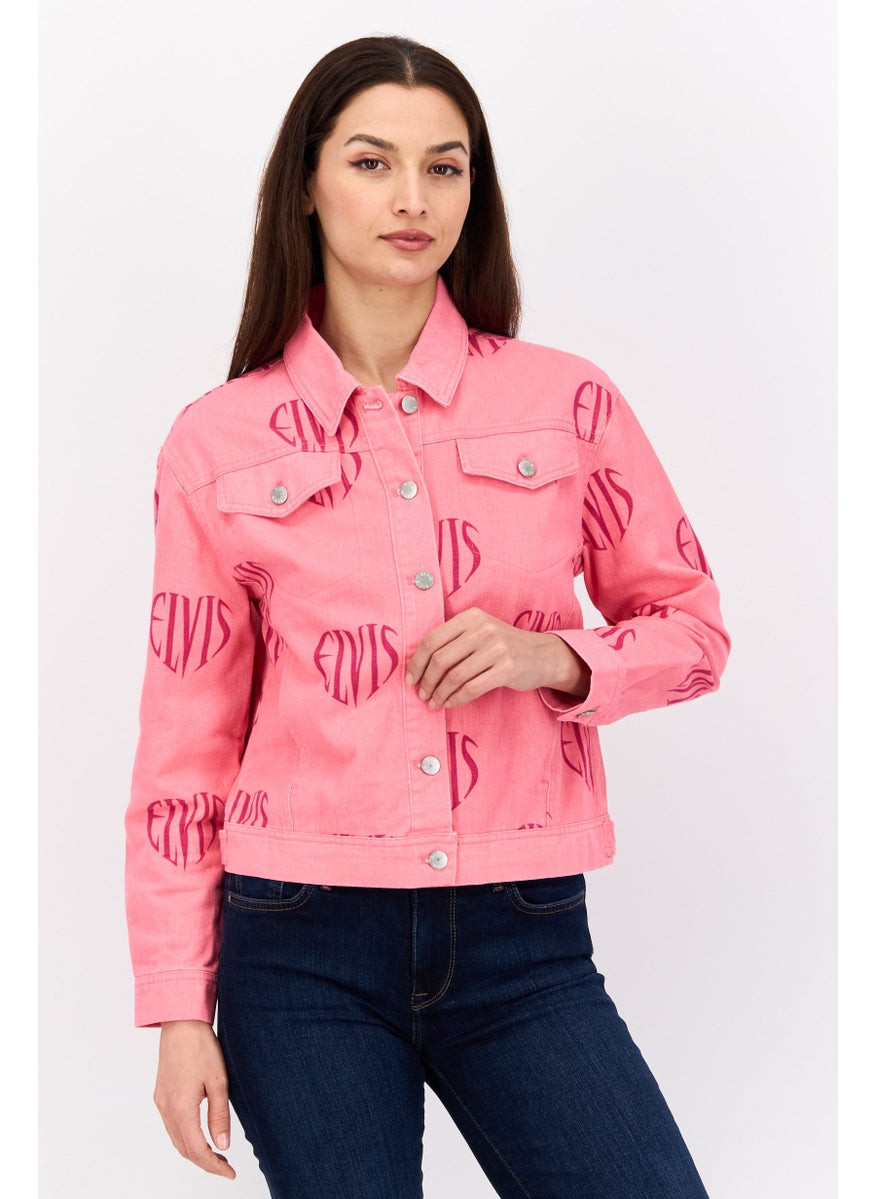 ELVIS Women Washed Long Sleeves Brand Logo Jacket, Pink  - Image 1