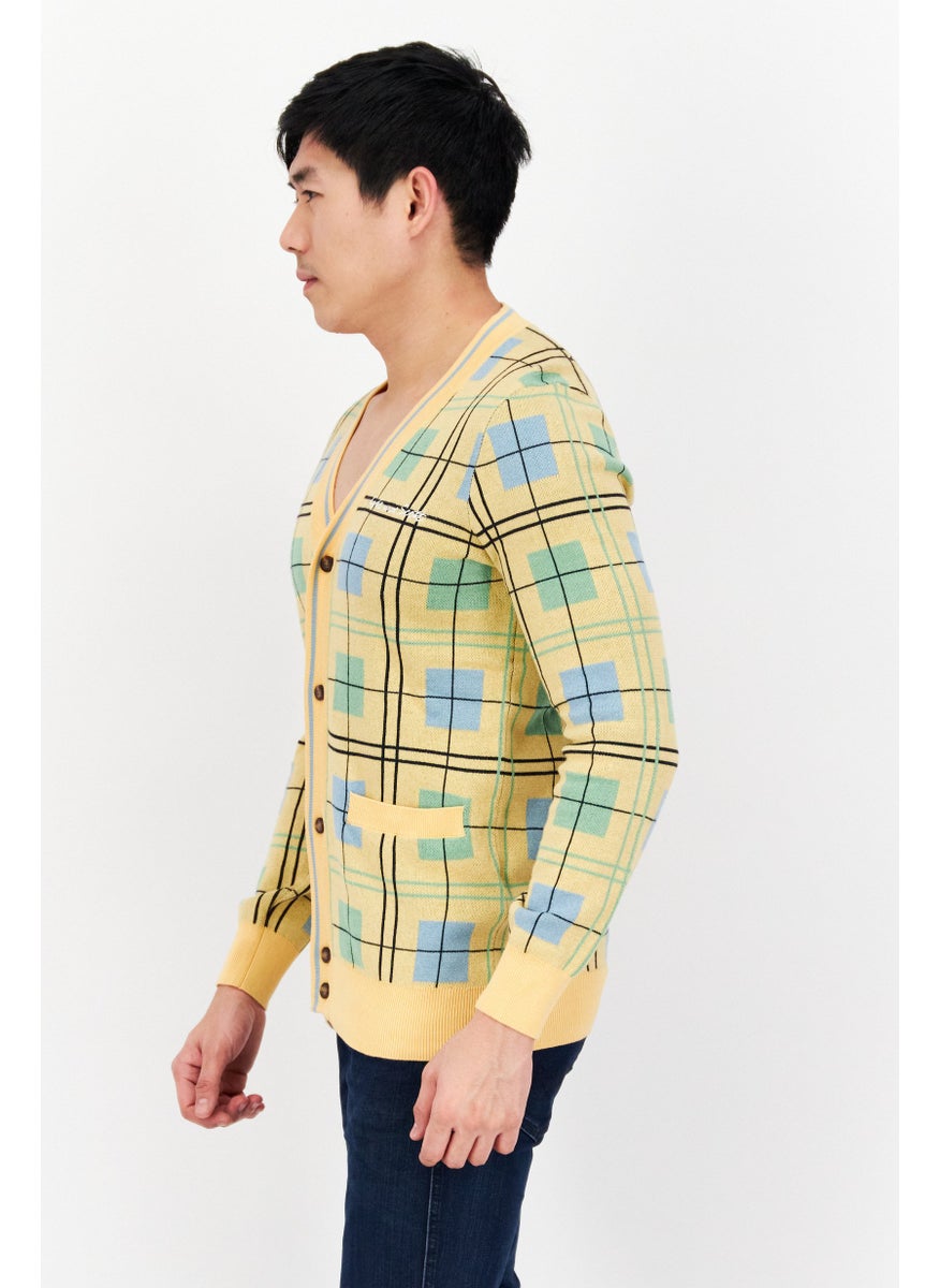 Men V-Neck Grid Pattern Cardigan, Yellow Combo