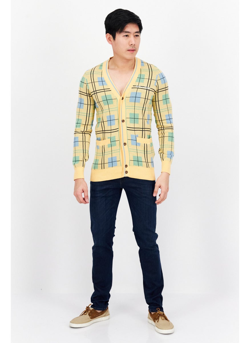 Men V-Neck Grid Pattern Cardigan, Yellow Combo