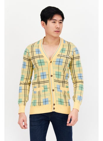 Men V-Neck Grid Pattern Cardigan, Yellow Combo - pzsku/Z74FDC27A0BA2637C75DFZ/45/1746215513/0ec186bd-070d-4af3-8905-006be5f0721a
