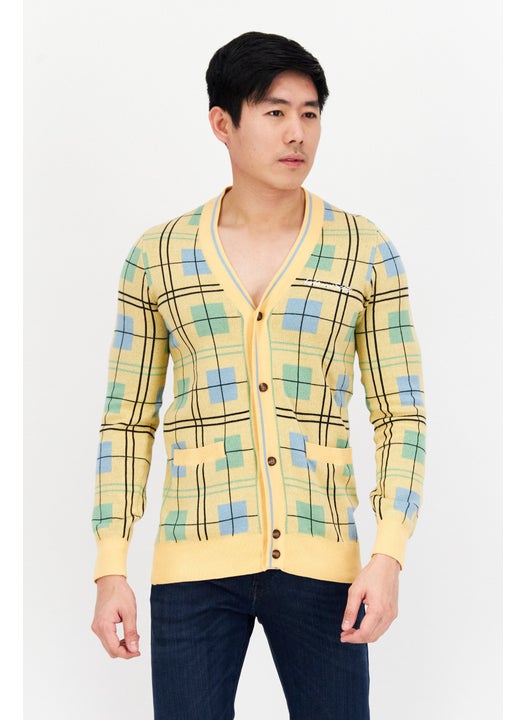Men V-Neck Grid Pattern Cardigan, Yellow Combo