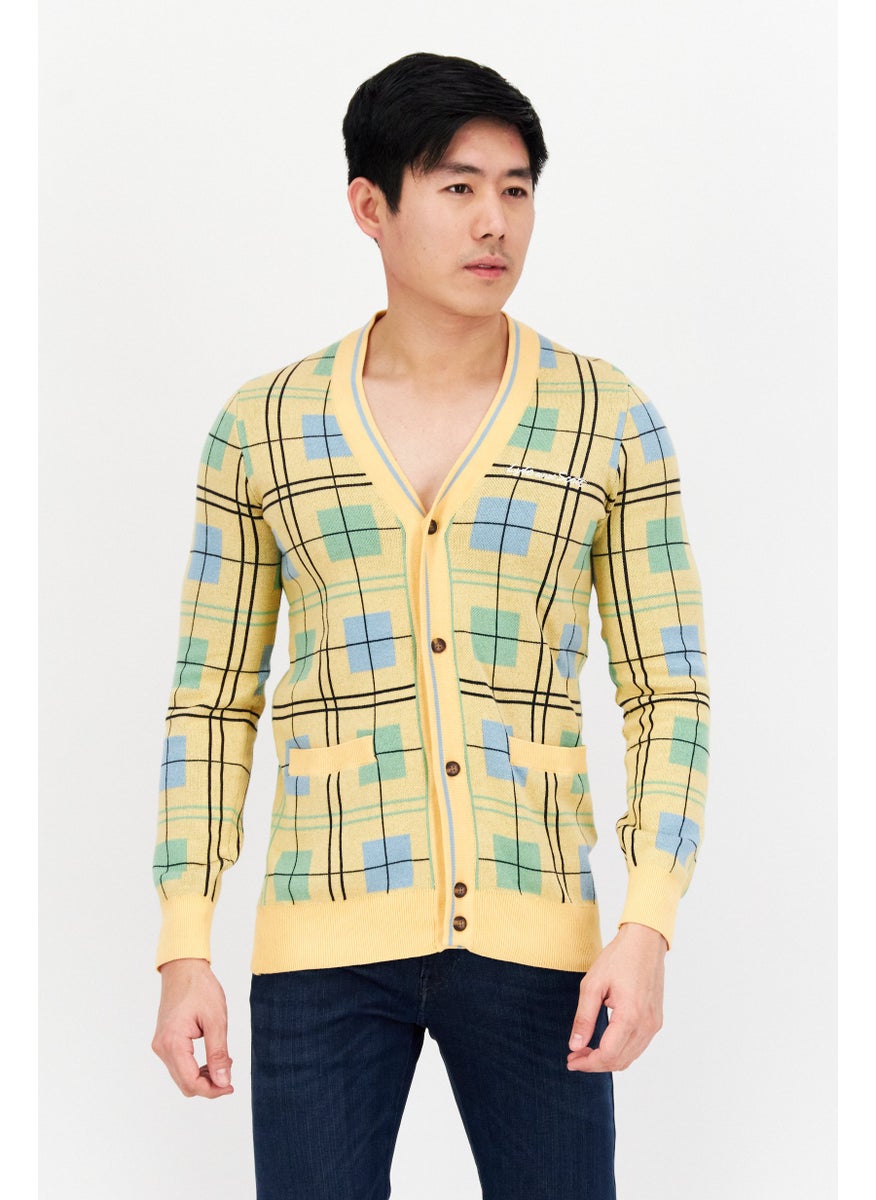 Men V-Neck Grid Pattern Cardigan, Yellow Combo