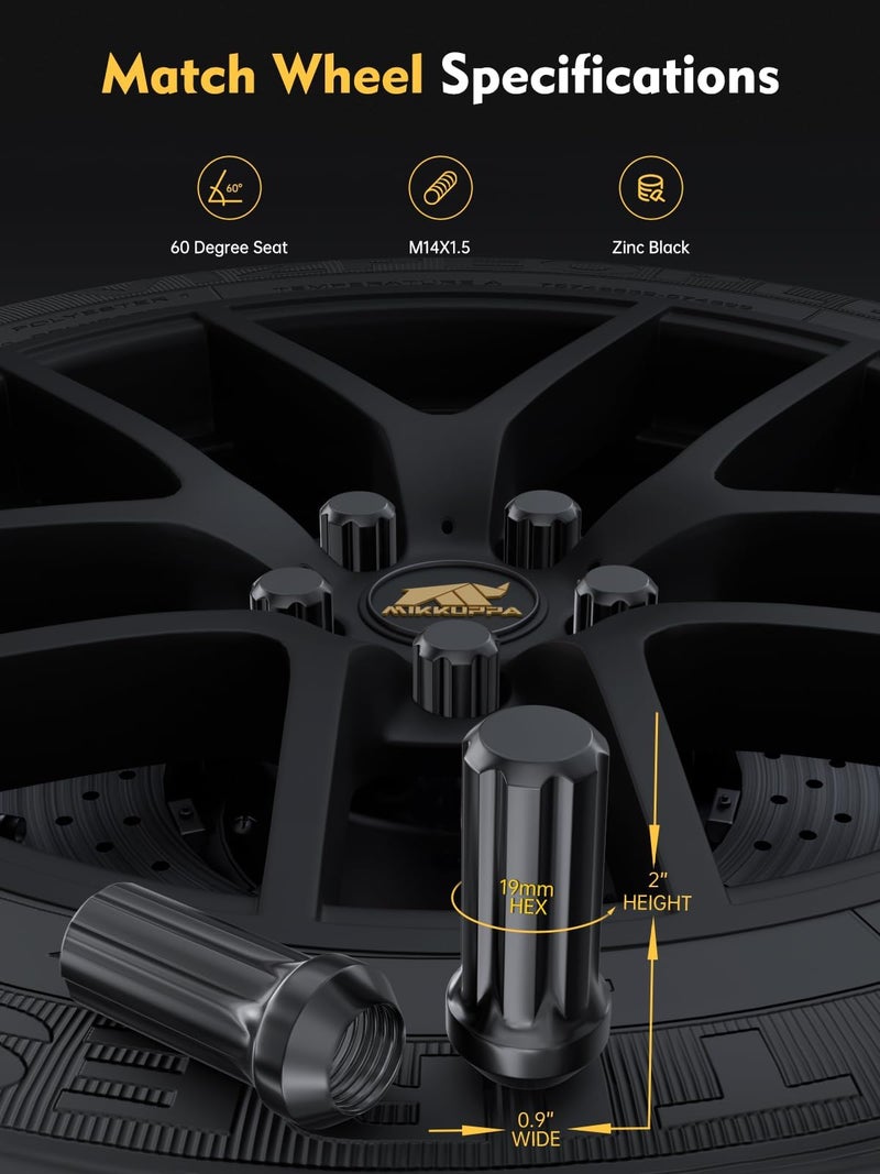 MIKKUPPA M14x1.5 Spline Lug Nuts - Replacement for Chevy Silverado, GMC Savana Sierra, Ford F250 F350 Super Duty, Ram 2500 3500 Aftermarket Wheel, 32pcs Black Closed End Lug Nuts with Socket Key - Image 2