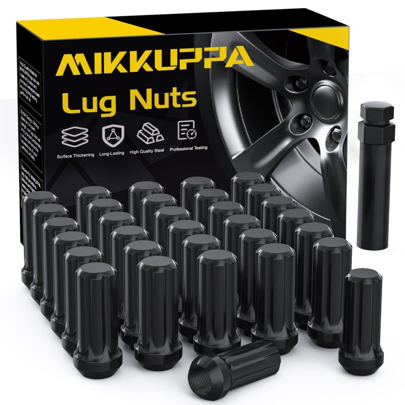 MIKKUPPA M14x1.5 Spline Lug Nuts - Replacement for Chevy Silverado, GMC Savana Sierra, Ford F250 F350 Super Duty, Ram 2500 3500 Aftermarket Wheel, 32pcs Black Closed End Lug Nuts with Socket Key - Image 1