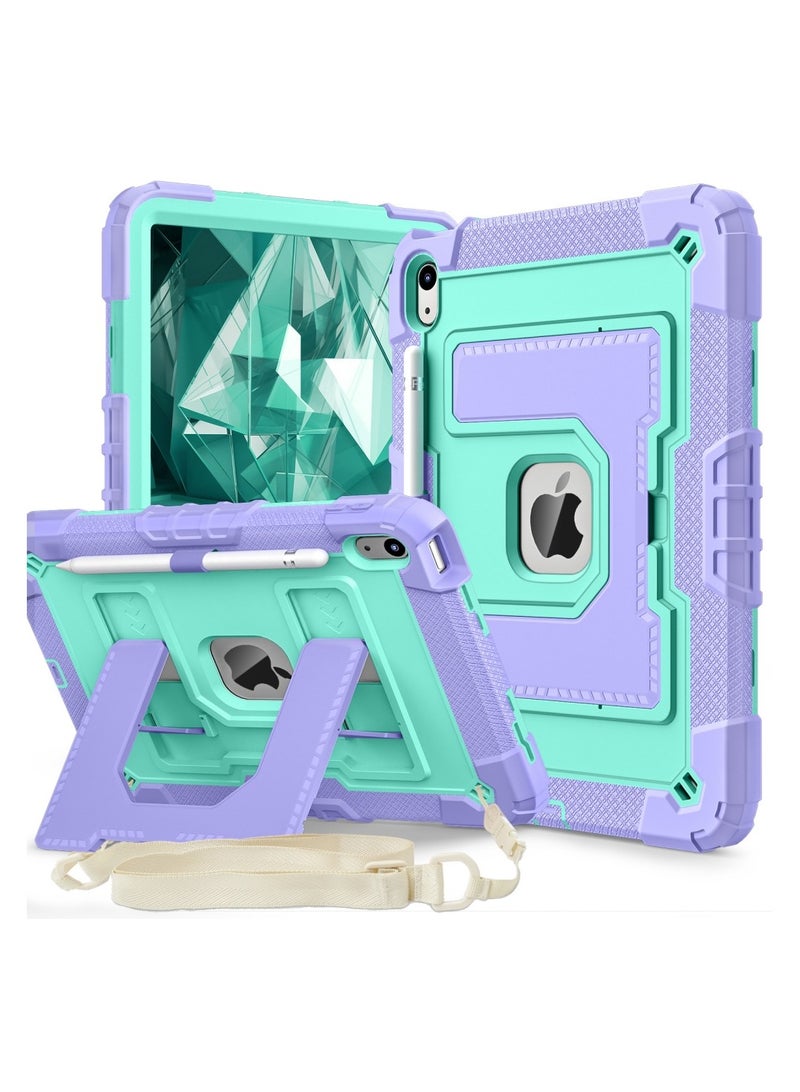 VKL Case for iPad 10th Generation 10.9 inch 2022, Heavy Duty Hybrid Shockproof 360°bring Kickstand Anti Scratch Durable  Case with Pencil Holder Shoulder Strap Case (purple mint green) - Image 1