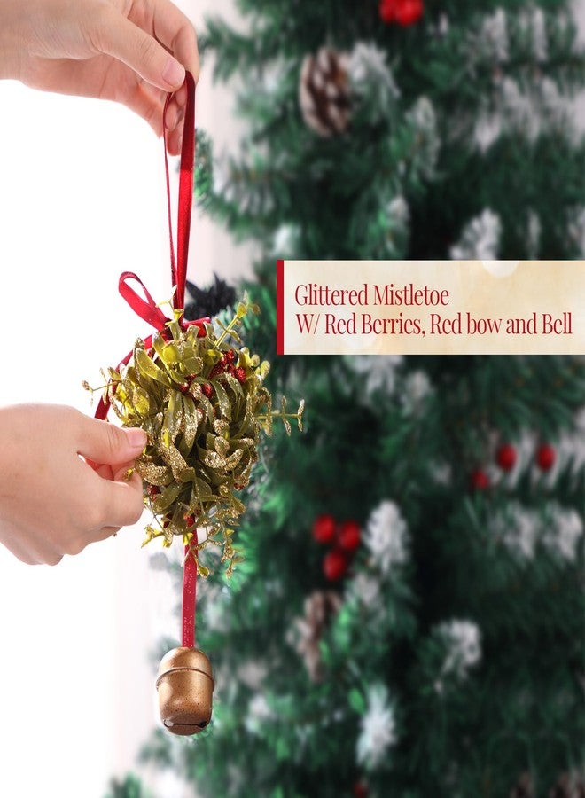 Canlierr 1 Pcs 5 Inch Mistletoe Ball Christmas Jingle Bell Ornament Mistletoe Glitter Kissing Ball with Jingle Bell Bow and Red Berries Artificial Hanging Ornament for Doorway Ceiling Light Decor - Image 5