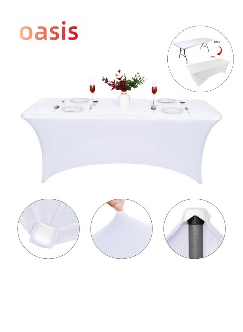 Oasis 6ft Spandex Table Cloth, Premium White Rectangular Stretch Table Cover, Tight Fit Elastic Tablecloth for Weddings, Parties, Trade Shows and Events