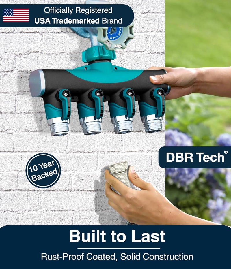 DBR Tech ® 4 Way Hose Splitter (Superior Durability), Premium Garden Hoses Connector, 4 Way Heavy Duty Water Valve for Spigot Faucet Bib, Four Outlet with On Off Valve, Rust-Resistant Adapter, Green - Image 2