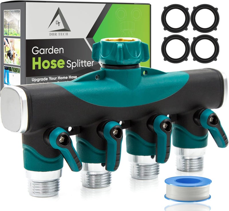 DBR Tech ® 4 Way Hose Splitter (Superior Durability), Premium Garden Hoses Connector, 4 Way Heavy Duty Water Valve for Spigot Faucet Bib, Four Outlet with On Off Valve, Rust-Resistant Adapter, Green - Image 1