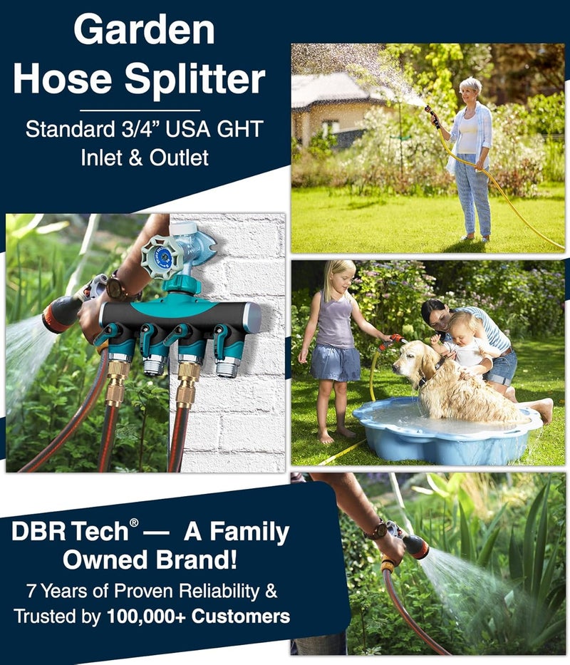 DBR Tech ® 4 Way Hose Splitter (Superior Durability), Premium Garden Hoses Connector, 4 Way Heavy Duty Water Valve for Spigot Faucet Bib, Four Outlet with On Off Valve, Rust-Resistant Adapter, Green - Image 4