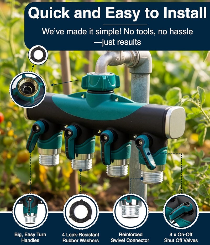 DBR Tech ® 4 Way Hose Splitter (Superior Durability), Premium Garden Hoses Connector, 4 Way Heavy Duty Water Valve for Spigot Faucet Bib, Four Outlet with On Off Valve, Rust-Resistant Adapter, Green - Image 3