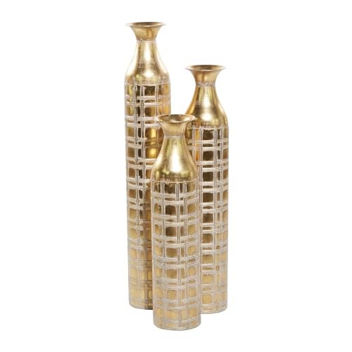 Deco 79 Metal Decorative Vase Tall Distressed Metallic Centerpiece Vases with Etched Grid Patterns Set of 3 Vases for Home Decoration 35 30 25H Gold