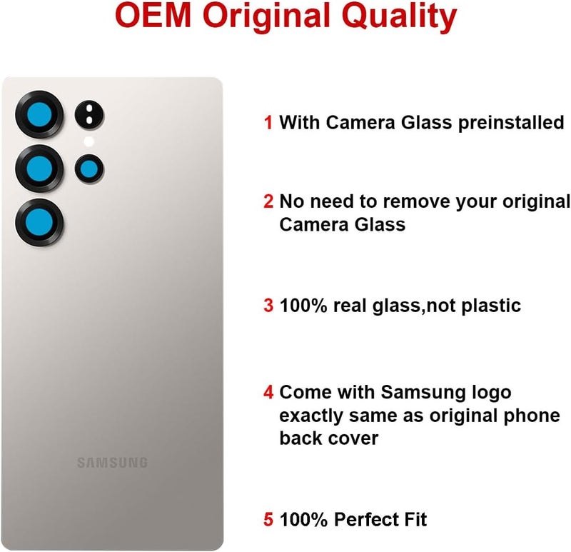 Perzework Rear Back Glass Replacement for Samsung Galaxy S25 Ultra 6.9-inches with Reparing Toolkit(Titanium Gray) - Image 3