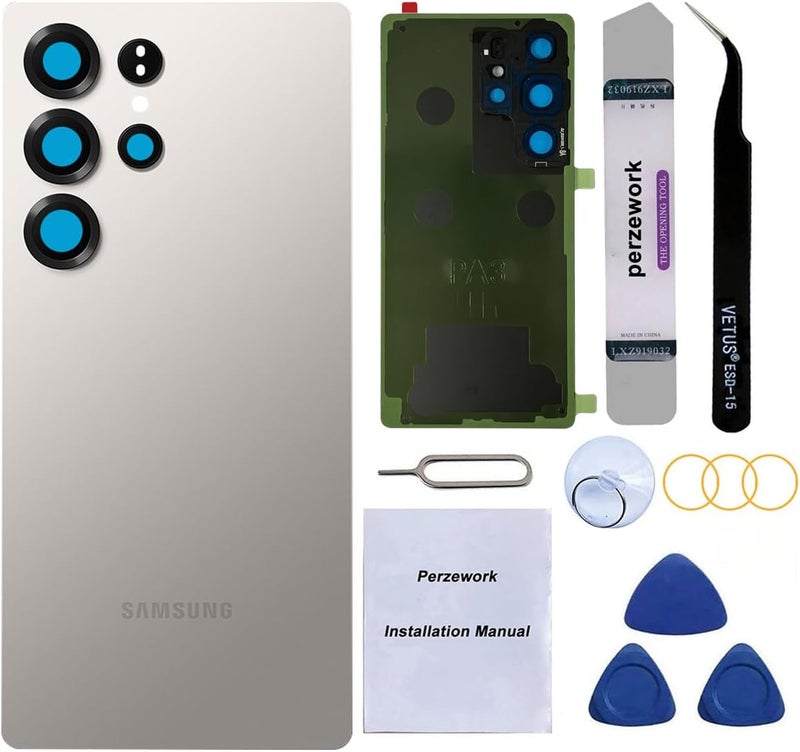 Perzework Rear Back Glass Replacement for Samsung Galaxy S25 Ultra 6.9-inches with Reparing Toolkit(Titanium Gray) - Image 1