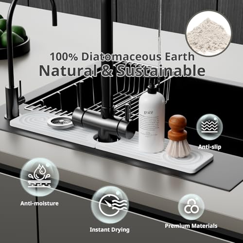 Slow Slog Quick Dry Sink Splash Guard - 15.8" Quick Drying Diatomaceous Earth Faucet Mat - Diatomite Stone Sink Tray for Bathroom Counter - White - Image 4