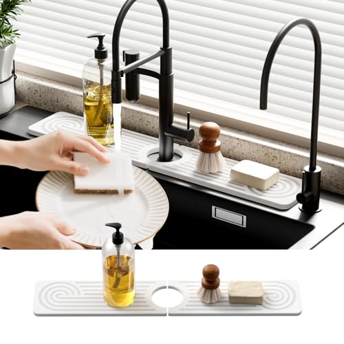 Slow Slog Quick Dry Sink Splash Guard - 15.8" Quick Drying Diatomaceous Earth Faucet Mat - Diatomite Stone Sink Tray for Bathroom Counter - White - Image 1