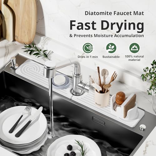 Slow Slog Quick Dry Sink Splash Guard - 15.8" Quick Drying Diatomaceous Earth Faucet Mat - Diatomite Stone Sink Tray for Bathroom Counter - White - Image 3