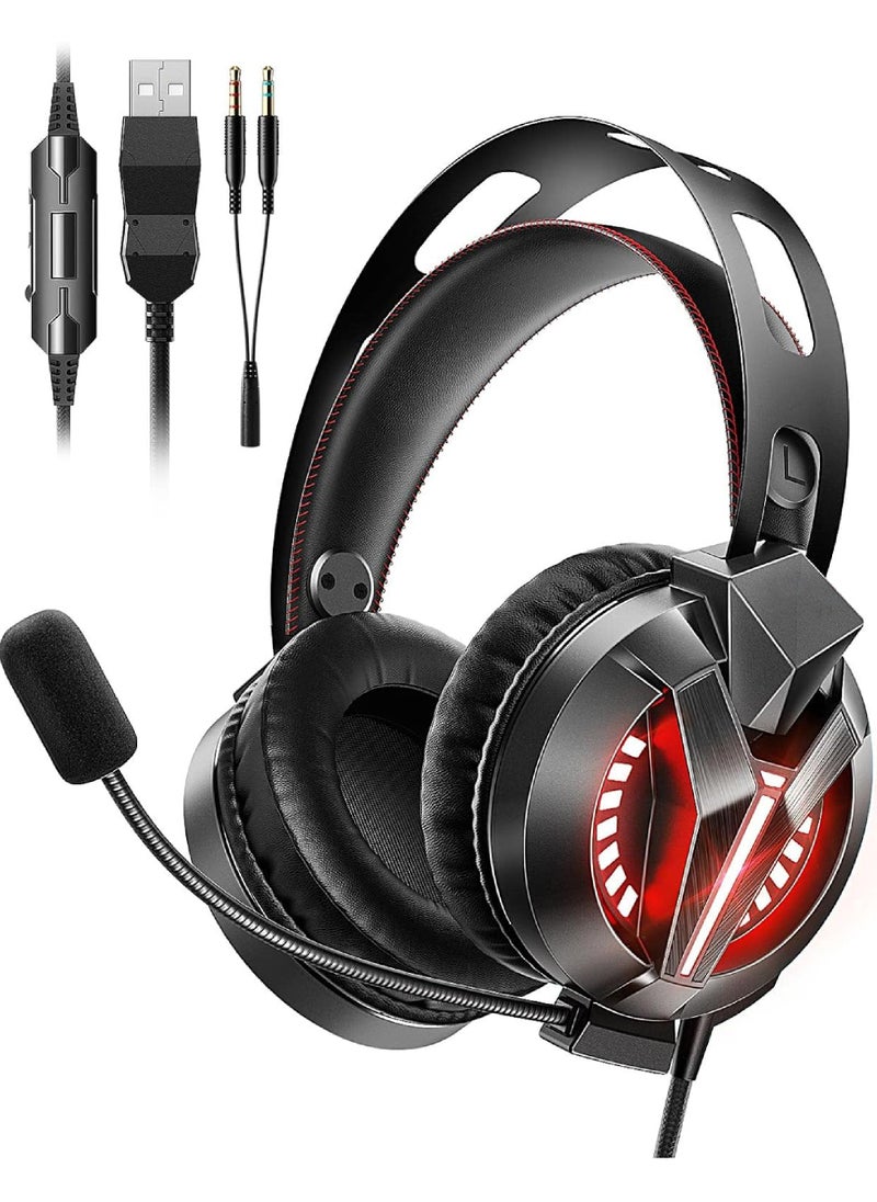 Rock Pow Pc Gaming Headset with Microphone & Led Light,Stereo Bass Surround & Soft Memory Earmuffs, 78.7 Inch Cable Over Ear Wired Gaming Headphones with Noise Cancelling Mic for Pc Ps5 Ps4 Xbox Mac  - Image 1