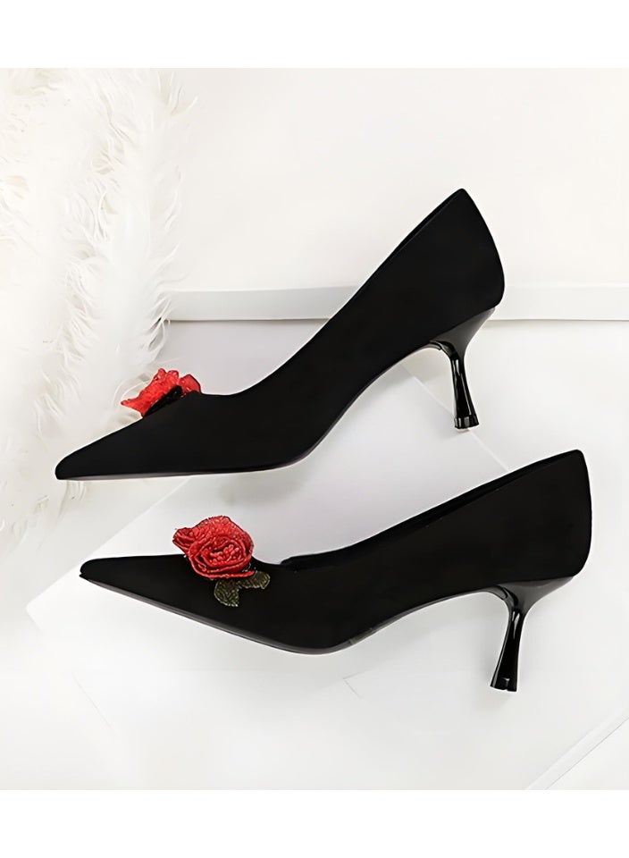 بيج تري النساء ورد الزهور ديكور مغلق إصبع القدم عالية الكعب مضخات أسود 6.5CM - Image 3