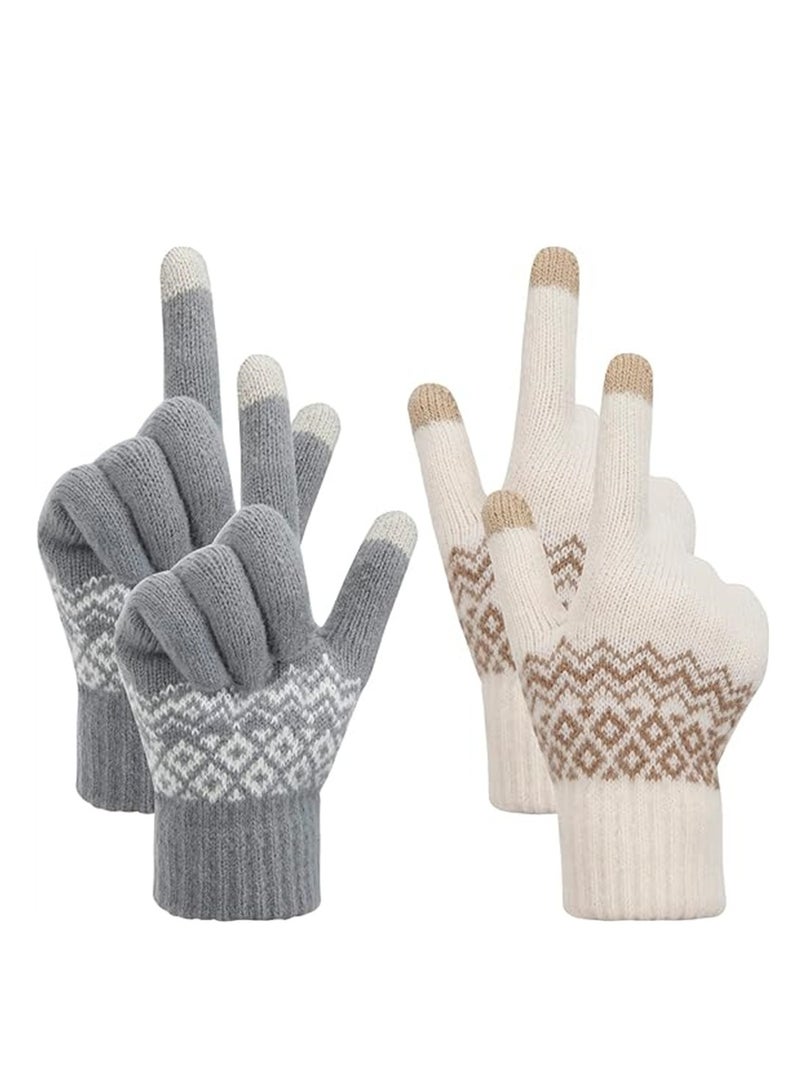 Women Winter Gloves, 2 Pairs Women’s Touch Screen Gloves, Stretch Knitted Warm Mitten Winter Thermal Ladies Gloves Smartphones Texting Gloves, One Size Fits Most, White and Grey - Image 1