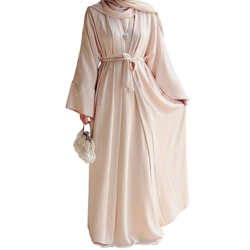 khalat 2PCS Women's Muslim Dresses Abaya Islamic Dubai Prayer Dress Robe Long Cardigan Maxi Dress Beige - Image 1