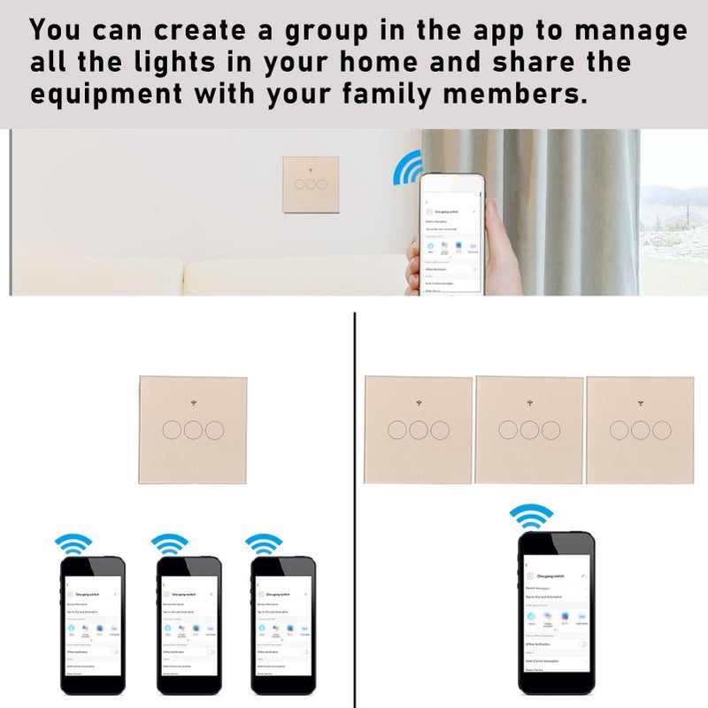 Zigbee Smart Light Switch 3 Gang EU Remote Touch Gold Glass Panel Voice App Control - Image 5