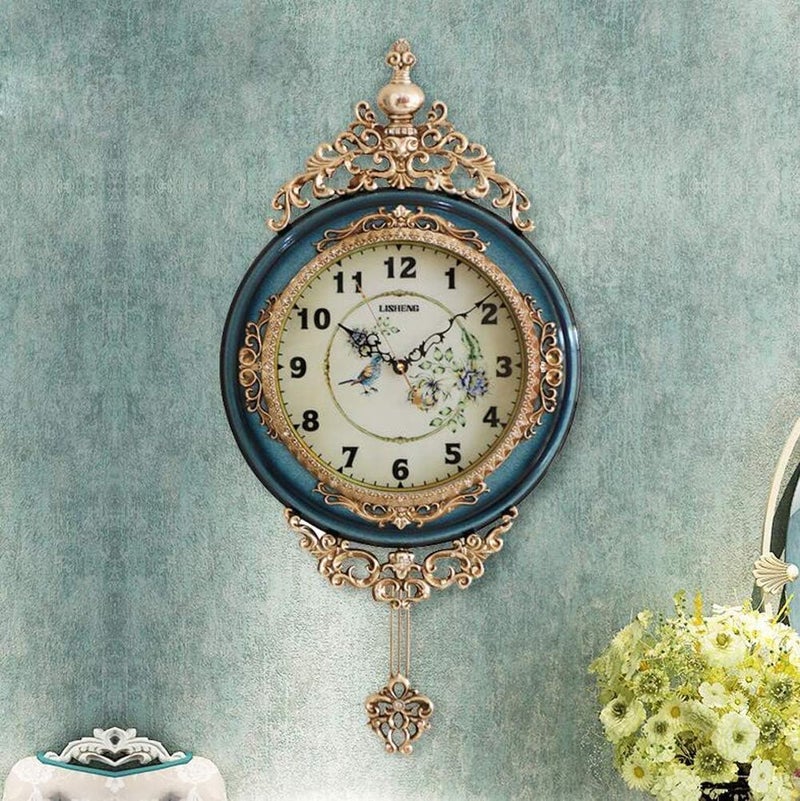 Elegant, Traditional, Decorative, Hand Painted Modern Grandfather Wall Clock Fancy Ethnic Luxury Handmade Decoration, Swinging Pendulum for New Room or Office. Large. 29.5 Inch. (Blue)
