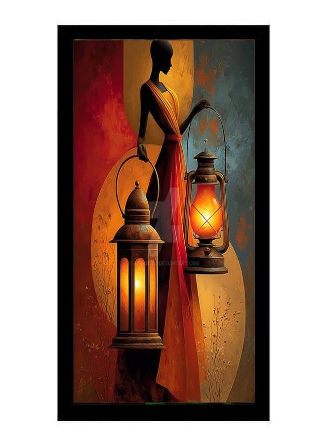 Woman with Lanterns Framed Wall Art, A4 Size, 29.7x21cm, Black Frame, Lightweight, Metal Hangers, Vertical and Horizontal Display - Image 1