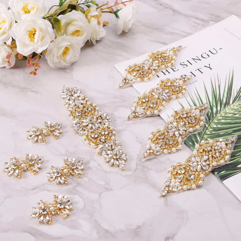 BINBE 9 Pack Rhinestone Crystal Wedding Applique Iron on Patch DIY Sewing Appliques for Bridal Dress Clothes Shoes Decoration Handmade Wedding Accessories (Gold) - Image 4