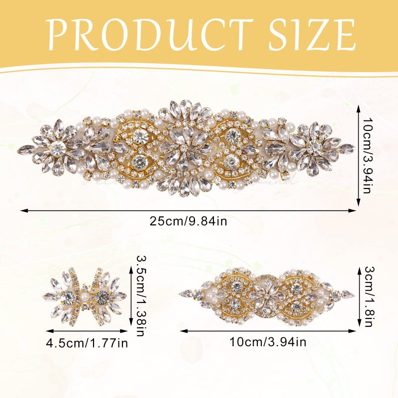 BINBE 9 Pack Rhinestone Crystal Wedding Applique Iron on Patch DIY Sewing Appliques for Bridal Dress Clothes Shoes Decoration Handmade Wedding Accessories (Gold) - Image 2