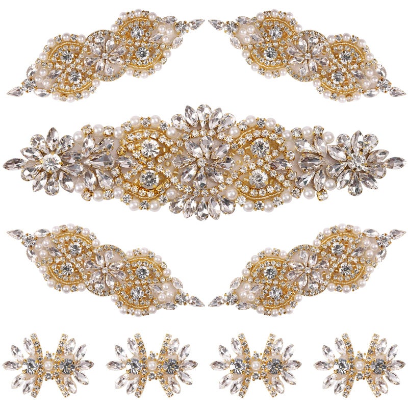 BINBE 9 Pack Rhinestone Crystal Wedding Applique Iron on Patch DIY Sewing Appliques for Bridal Dress Clothes Shoes Decoration Handmade Wedding Accessories (Gold) - Image 1