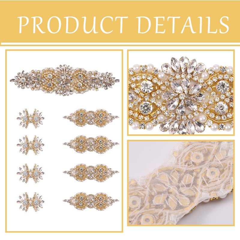 BINBE 9 Pack Rhinestone Crystal Wedding Applique Iron on Patch DIY Sewing Appliques for Bridal Dress Clothes Shoes Decoration Handmade Wedding Accessories (Gold) - Image 3