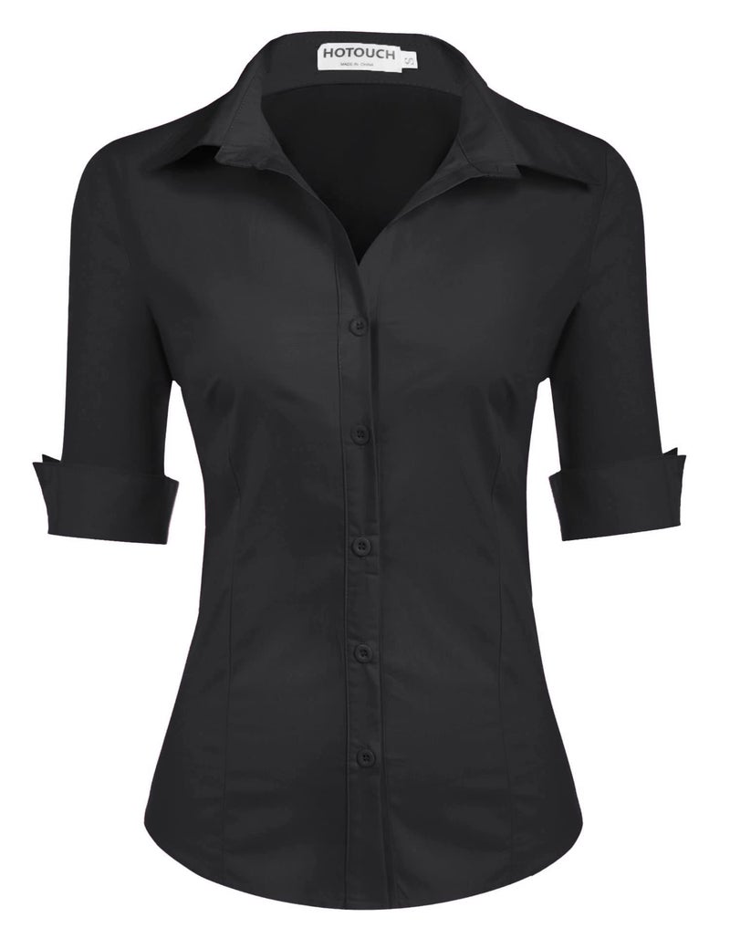 HOTOUCH Womens Tailored Fit 3/4 Sleeve Basic Simple Button Down Shirt Dress Shirt (Black L) - Image 1