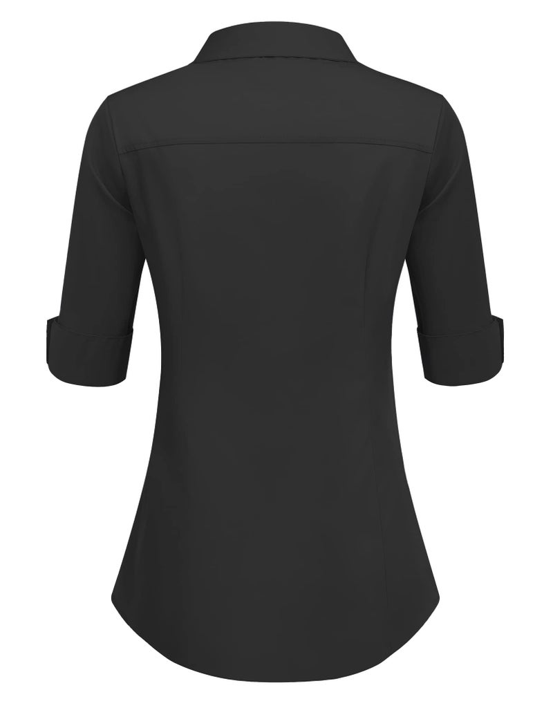 HOTOUCH Womens Tailored Fit 3/4 Sleeve Basic Simple Button Down Shirt Dress Shirt (Black L) - Image 3