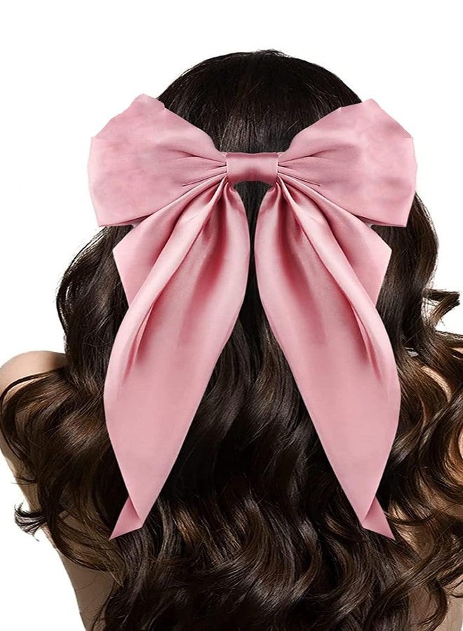 RHOSYN Big Satin Layer Long Bow Hair Clips French Style Soild Color Knotted Bowknot Snap Hairclip With Long Ribbon Hairclip For Women Girls (PINK) - Image 1
