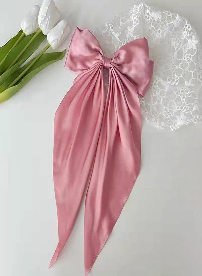 RHOSYN Big Satin Layer Long Bow Hair Clips French Style Soild Color Knotted Bowknot Snap Hairclip With Long Ribbon Hairclip For Women Girls (PINK) - Image 3