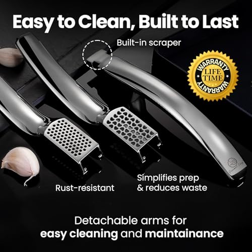Gourmet Easy No Peeling Required Garlic Press Stainless Steel with Two Detachable Handles for Coarse&Fine Mincing-Premium Garlic Mincer Tool, Easy to Clean, Dishwasher Safe Garlic Crusher with Lifetime Replacement - Image 5
