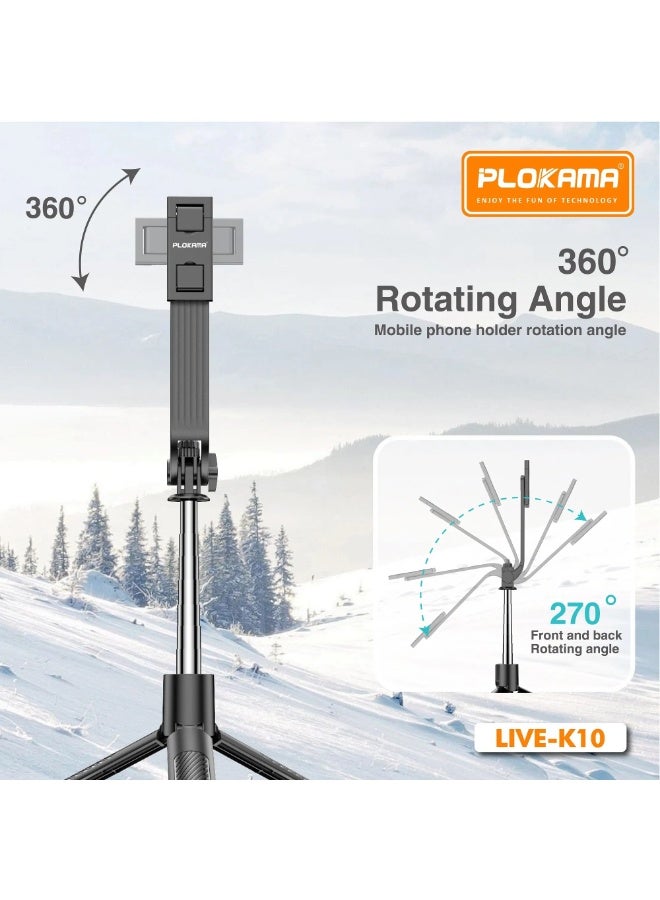 PLOKAMA Live K10 Selfie Stick Tripod 200CM Mobile Stick Chargeable Bluetooth DSLR Camera Stand Ring light Stand Vlog Stick Mobile Stand Foldable 360 Rotatable Tiktok Stand - Image 1