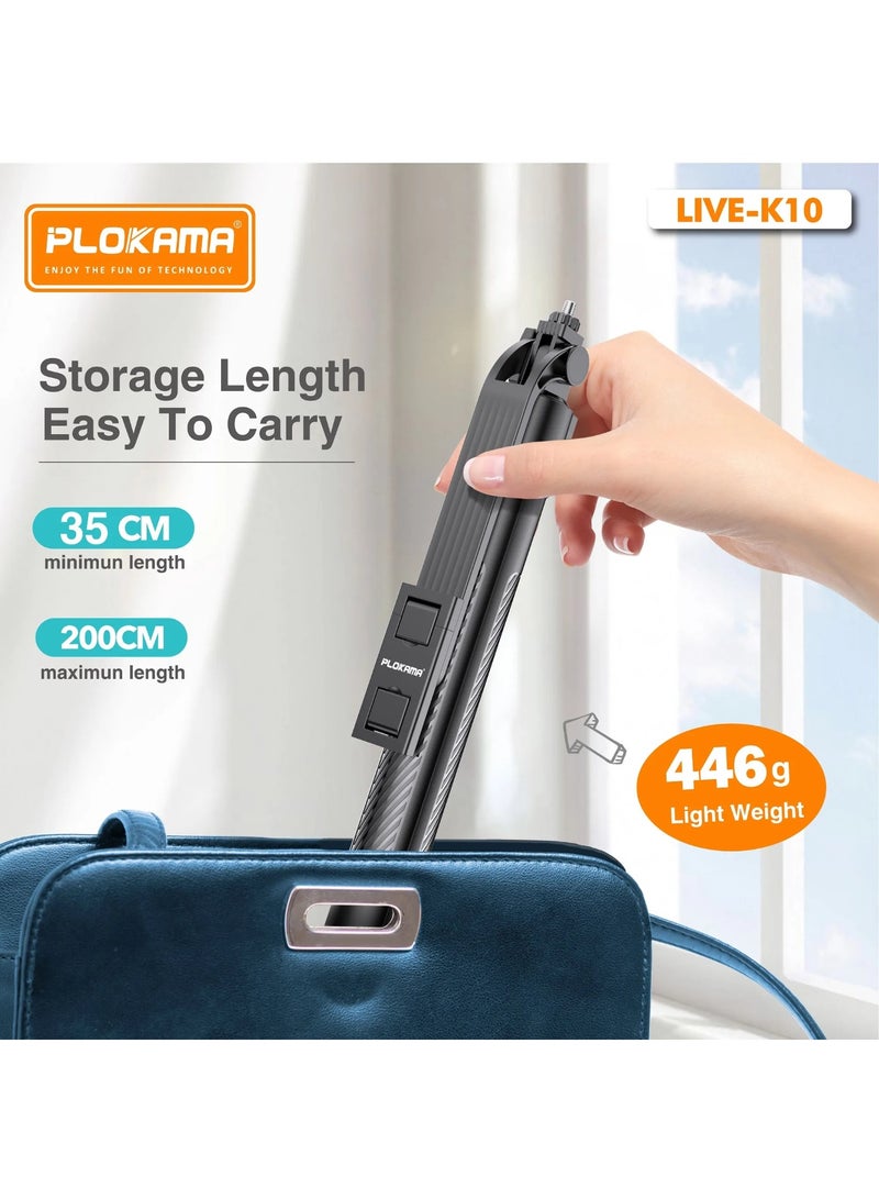 PLOKAMA Live K10 Selfie Stick Tripod 200CM Mobile Stick Chargeable Bluetooth DSLR Camera Stand Ring light Stand Vlog Stick Mobile Stand Foldable 360 Rotatable Tiktok Stand - Image 2