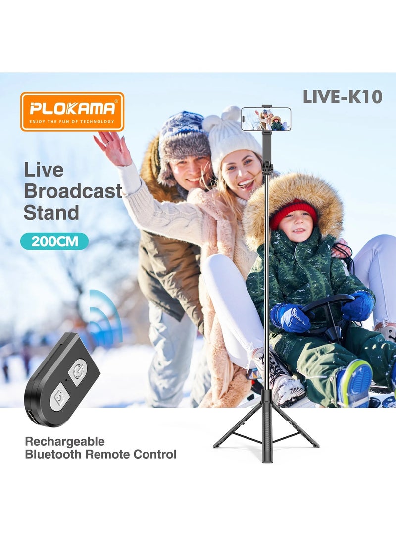 PLOKAMA Live K10 Selfie Stick Tripod 200CM Mobile Stick Chargeable Bluetooth DSLR Camera Stand Ring light Stand Vlog Stick Mobile Stand Foldable 360 Rotatable Tiktok Stand - Image 3